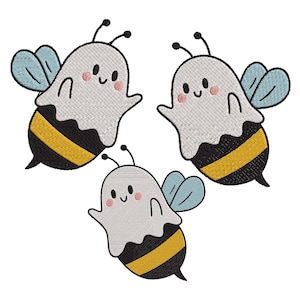 May include: Three cute ghost bee illustrations with black and yellow striped bodies and light blue wings. The ghosts have white bodies with black eyes and pink cheeks.