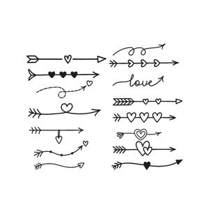 Pode incluir: Uma coleção de ilustrações de setas em preto e branco com designs de coração e a palavra 'amor'. As setas variam em estilo, algumas retas, outras curvas e algumas com linhas tracejadas. A palavra 'amor' está escrita em itálico.