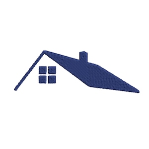 Könnte beinhalten: Ein marineblaues, gesticktes Hauslogo auf weißem Hintergrund. Das Logo zeigt ein Dach, einen Schornstein und ein Fenster mit vier Scheiben. Das Design ist schlicht und sauber, geeignet für Immobilien- oder Heimunternehmen.