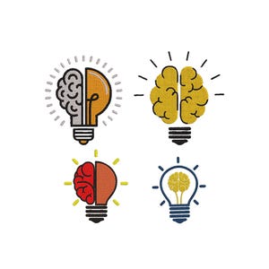 May include: Four colorful lightbulb designs with brain illustrations. Each design features a different color scheme: gray and orange, yellow, red and orange, and blue and yellow. The lightbulbs have black bases and radiating lines.