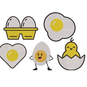 May include: A collection of embroidered patches featuring egg-themed designs. Includes a carton of eggs, a fried egg, a heart-shaped fried egg, a smiling egg character, and a chick hatching from an egg.