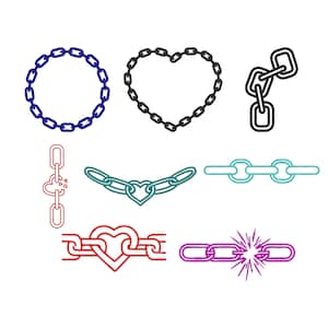 May include: A collection of chain illustrations in various shapes and colors. Includes a blue chain circle, a black chain heart, and a red chain with a heart. Other chains are teal, purple, and black.