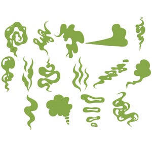 Peut inclure: Ensemble d'illustrations de fumée ou de vapeur vertes stylisées sur fond blanc. Les motifs varient en forme et en taille, avec des volutes, des nuages et des panaches. L'esthétique générale est de type dessin animé et graphique.