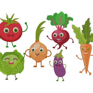 May include: A colourful illustration of cartoon vegetables. The image features a red tomato, a yellow onion, a purple beet, a green cabbage, a purple aubergine, and an orange carrot, each with a smiling face and limbs, giving them a playful look.