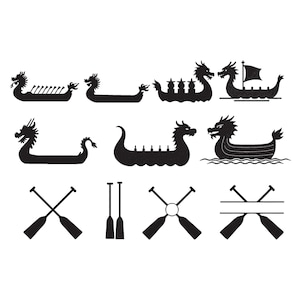 May include: Black silhouette illustrations of dragon boats and oars on a white background. The dragon boats vary in design, some with multiple seats, others with sails. Oar designs include crossed oars and pairs of oars.