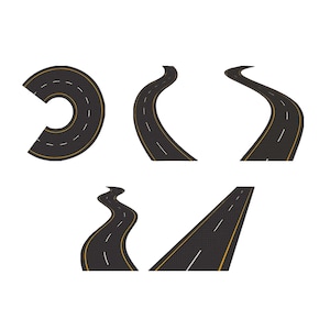 Puede incluir: Ilustraciones de carreteras negras con bordes amarillos y líneas centrales blancas. Los diseños incluyen una sección curva, caminos sinuosos y un segmento de carretera recto, todo sobre un fondo blanco.
