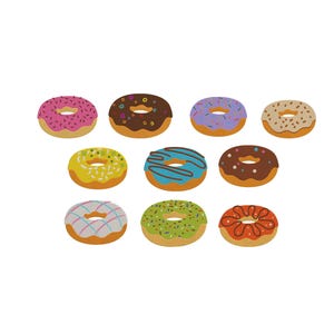 Puede incluir: Una colección de nueve donuts ilustrados con varios ingredientes y colores. Los donuts tienen una base marrón claro con ingredientes que incluyen chispas rosas, glaseado de chocolate y glaseado azul. Los donuts están dispuestos sobre un fondo blanco.