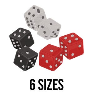 May include: Six dice in various sizes, two black, two red, and two white. The dice are arranged in a circle with the text "6 SIZES" below.