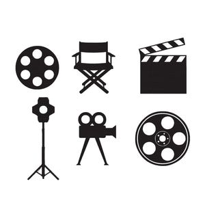 May include: Black and white illustrations of film-related icons. Includes a film reel, director's chair, clapperboard, spotlight, vintage movie camera, and another film reel. Perfect for movie lovers and filmmakers.