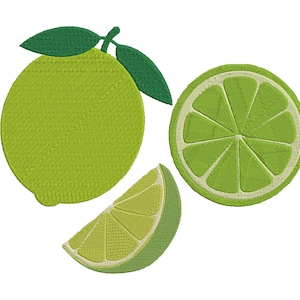 May include: A lime embroidery design featuring a whole lime with leaves, a lime slice, and a lime half. The design is in shades of green and white, with a textured appearance.