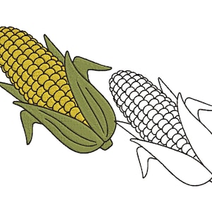 Puede incluir: Dos ilustraciones bordadas de maíz. Una es una representación detallada y colorida de una mazorca de maíz madura con granos amarillos y hojas verdes. La otra es un contorno en blanco y negro de la misma mazorca.