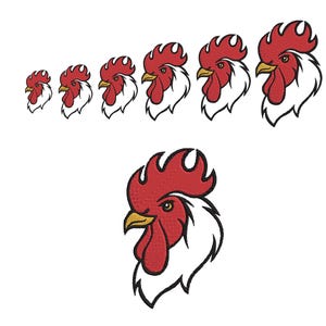 May include: A collection of rooster head designs in various sizes. Each rooster head features a red comb and wattle, a yellow beak, and a white and black outline. The designs are arranged on a white background.