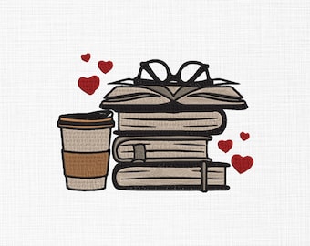 Coffee Cup Books Embroidery Design Books Embroidery Books With Coffee Embroidery Design Machine Embroidery 5 Sizes Digital Download