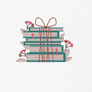 May include: A stack of books tied together with a brown ribbon and decorated with pink flowers. The books are teal and beige.