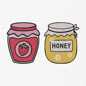 May include: Two glass jars with lids, one filled with red strawberry jam and the other with yellow honey. The honey jar has a white label with the word "HONEY" printed on it.