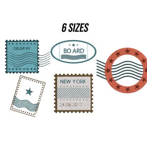 Puede incluir: Ilustración de seis sellos postales de diferentes formas. Los sellos son azules, marrones y naranjas, con las palabras "DELIVERY", "BOARD" y "NEW YORK". El texto "6 SIZES" está en la parte superior.