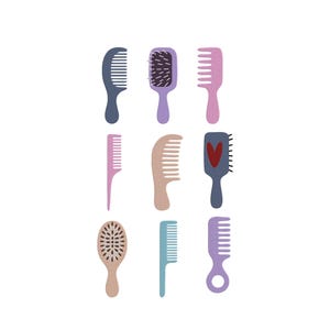 May include: Nine colorful hair combs and brushes are arranged on a white background. The combs and brushes are in various shapes and colors, including blue, purple, pink, and tan. Some have handles, while others are paddle-style.