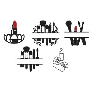 Può includere: Una collezione di disegni a tema trucco neri e rossi. I disegni includono rossetto, pennelli per il trucco e altri strumenti cosmetici. Il rossetto è rosso e gli altri elementi sono neri. I disegni sono su sfondo bianco.