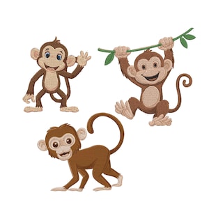 Puede incluir: Tres diseños de monos bordados en tonos marrón y beige. Un mono saluda, otro cuelga de una liana verde y el tercero camina a cuatro patas. Estos diseños son adecuados para proyectos de bordado o parches.