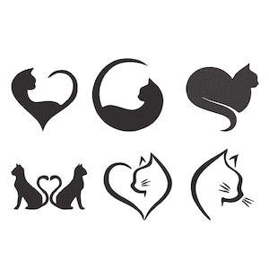Puede incluir: Colección de seis siluetas de gatos negros en varios diseños. Los diseños incluyen gatos formando un corazón, gatos dentro de una luna creciente y gatos de perfil. La imagen está sobre un fondo blanco.