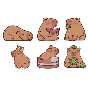 May include: Six cartoon capybara illustrations. One is sleeping, another eating watermelon, and a third eating leaves. Other capybaras wear a crown, relax in a wooden tub, and hold frogs. All are brown with black outlines.