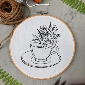 Flower Cup Embroidery, Tea Cup Embroidery, Coffee Cup Embroidery Design, Hand Embroidery Pattern, Embroidery Hoop, Floral Cup Emb, 6 Sizes