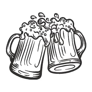 Peut inclure: Deux dessins au trait noir et blanc de chopes de bière qui s'entrechoquent, avec de la mousse qui déborde du haut de chaque chope.