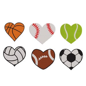 May include: Six heart-shaped sports designs: basketball, baseball, tennis, volleyball, football, and soccer. Each heart features the distinct patterns and colours of its respective sport, set against a white background.