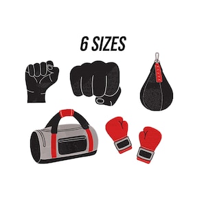 Puede incluir: Ilustración de equipamiento de boxeo que incluye un saco de boxeo negro, guantes de boxeo rojos, una bolsa de lona gris y dos puños negros. El texto "6 SIZES" se muestra encima de los objetos.
