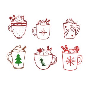 以下が含まれることがあります： ホイップクリームと様々なクリスマスの飾り付けが施された、手描きのホットチョコレートのマグカップ6個。各マグカップは、キャンディケーン、雪の結晶、クリスマスツリーなど、異なるデザインです。マグカップは赤、茶色、白です。