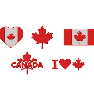 May include: A collection of embroidered patches featuring Canadian symbols. Includes a heart-shaped patch with a maple leaf, a red maple leaf, a rectangular patch resembling the Canadian flag, a patch with the word "CANADA", and an "I heart maple leaf" patch.