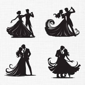 Pode incluir: Quatro ilustrações em silhueta preta de casais dançando. Cada casal está em uma pose de dança de salão, com a mulher em um vestido fluido e o homem em terno. As ilustrações estão sobre um fundo branco.
