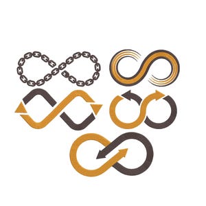 May include: A collection of infinity symbol designs in various styles. The symbols are in shades of brown and gold, including chain links, arrows, and curved lines. The designs are set against a clean white background.