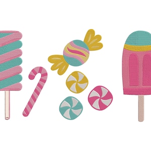 Puede incluir: Un conjunto de diseños de bordado coloridos con temática de dulces y helados. El conjunto incluye una piruleta en espiral, un bastón de caramelo, un caramelo duro envuelto, un caramelo de menta, un caramelo en espiral y una paleta.