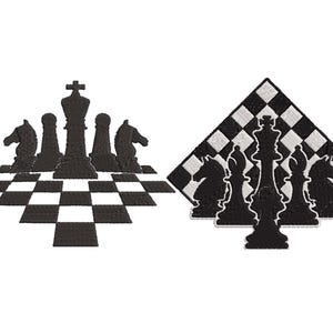 May include: Two black and white chess-themed patches. One patch features chess pieces on a checkered board, the other shows chess pieces on a diamond-shaped checkered board. The pieces include a king, queen, bishops, and knights.