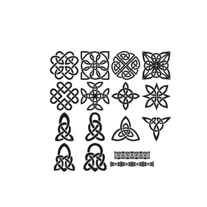 May include: A collection of sixteen black graphic illustrations featuring various intricate Celtic knotwork designs, including circular, square, and triangular patterns, along with two horizontal border strips, all displayed on a plain white background.