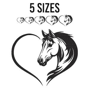 May include: Black and white silhouette of a horse's head inside a heart shape. The image is available in five sizes.