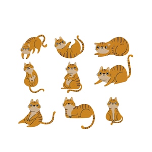 May include: A collection of nine cartoon cats in various poses. The cats are orange with brown stripes and have round eyes and small whiskers. The cats are set against a white background.