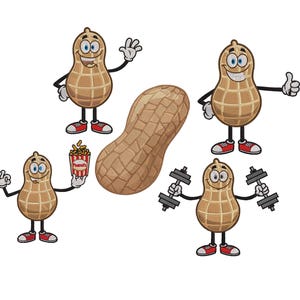 May include: A collection of cartoon peanuts with smiling faces and various poses. One peanut waves, another gives a thumbs up, a third holds popcorn, and the last lifts dumbbells. A large peanut is also present.