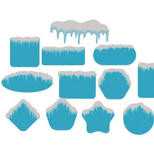 May include: A collection of blue shapes with white, dripping icicle designs. The shapes include rectangles, ovals, and a star, all with a textured appearance. The design evokes a winter or cold weather theme.