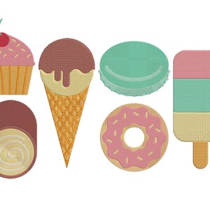 May include: A collection of colorful, embroidered dessert designs. Includes a cupcake with a cherry, an ice cream cone with dripping chocolate, a macaron, a donut, a roll cake, and a popsicle. The designs feature various textures and pastel colors.