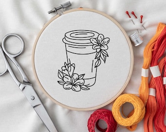Floral Coffee Cup Embroidery Pattern, Coffee Mug Hand Embroidery Design, Coffee Lovers Hand Embroidery, Hand Embroidery Pattern, 6 Sizes