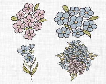 Daisy and Forget-me-not Flower Bouquet for Machine Embroidery Design, Botanical Wedding Branch Pattern, Myosotis flower embroidery, 5 Sizes