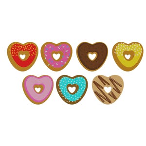 May include: Seven heart-shaped donuts with various toppings. The donuts have a golden-brown base and a heart-shaped hole in the center. The toppings include red sprinkles, pink sprinkles, chocolate frosting, yellow sprinkles, pink frosting, blue sprinkles, and brown icing.