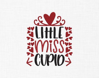 May include: Embroidered design with red hearts and the text "Little Miss Cupid" in black lettering.