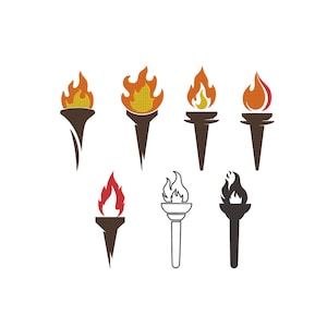 May include: A collection of stylized torch illustrations. The torches feature flames in shades of orange, yellow, and red atop brown or black handles. One torch is a line drawing, and another is a solid black silhouette.