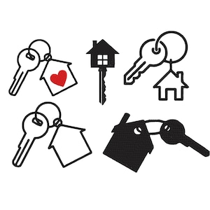 May include: Black and white line art of keys with house-shaped keychains. One keychain has a red heart. The image is a graphic illustration of home and real estate concepts.