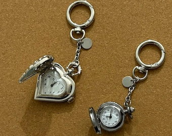 Vintage watch keychain,heart shape watch bag accessory,silver watch keychain,Y2K clock bag accessory, unique antique watch gift,unique gift.