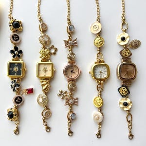 Handmade Gold Watch Bracelet,Flower Charm Wrist Watch,Vintage Bead Bracelet,Y2K Watch Jewelry. Y2K Clock Bracelet,Custom Unique Watch Gift