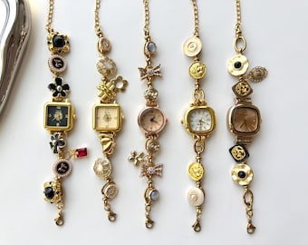Handmade Gold Watch Bracelet,Flower Charm Wrist Watch,Vintage Bead Bracelet,Y2K Watch Jewelry. Y2K Clock Bracelet,Custom Unique Watch Gift